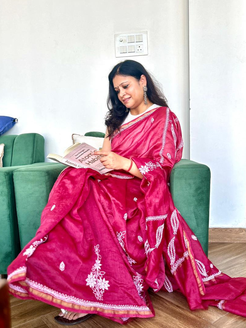 'Nazneen - Effortless Grace' Maroon Chanderi Chikankari Saree