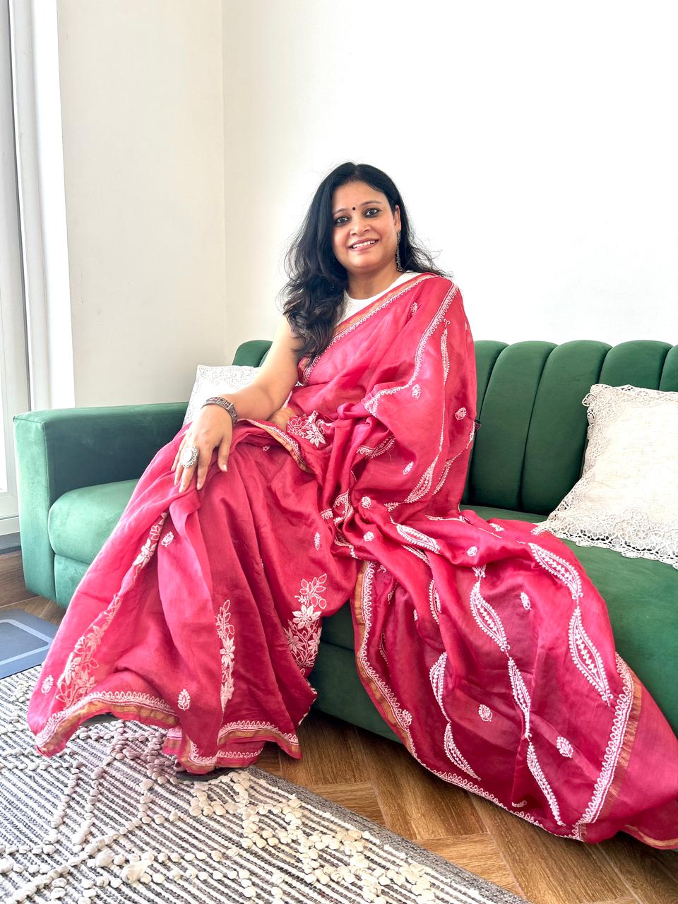 'Nazneen - Effortless Grace' Maroon Chanderi Chikankari Saree