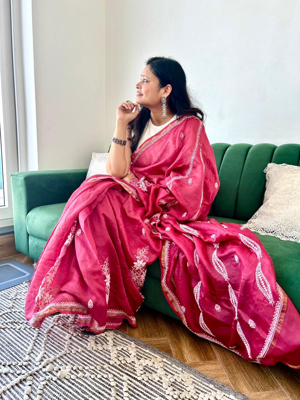 'Nazneen - Effortless Grace' Maroon Chanderi Chikankari Saree