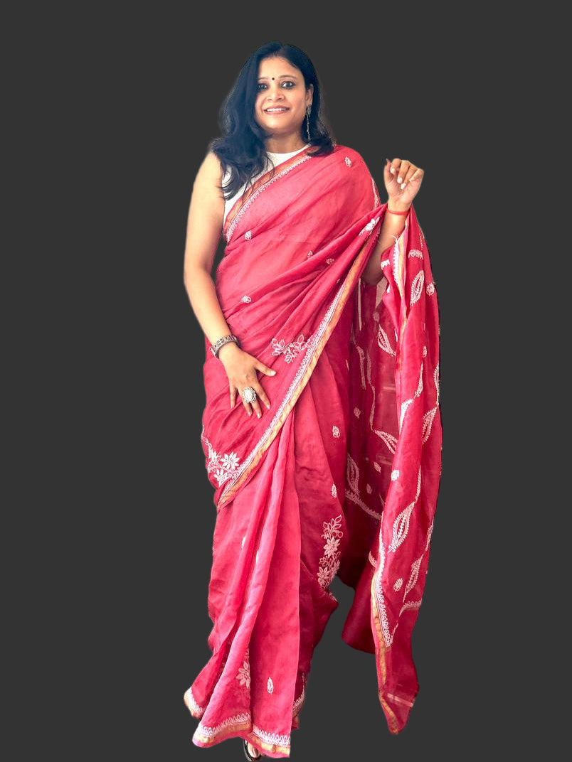 smart women in maroon chikankari saree