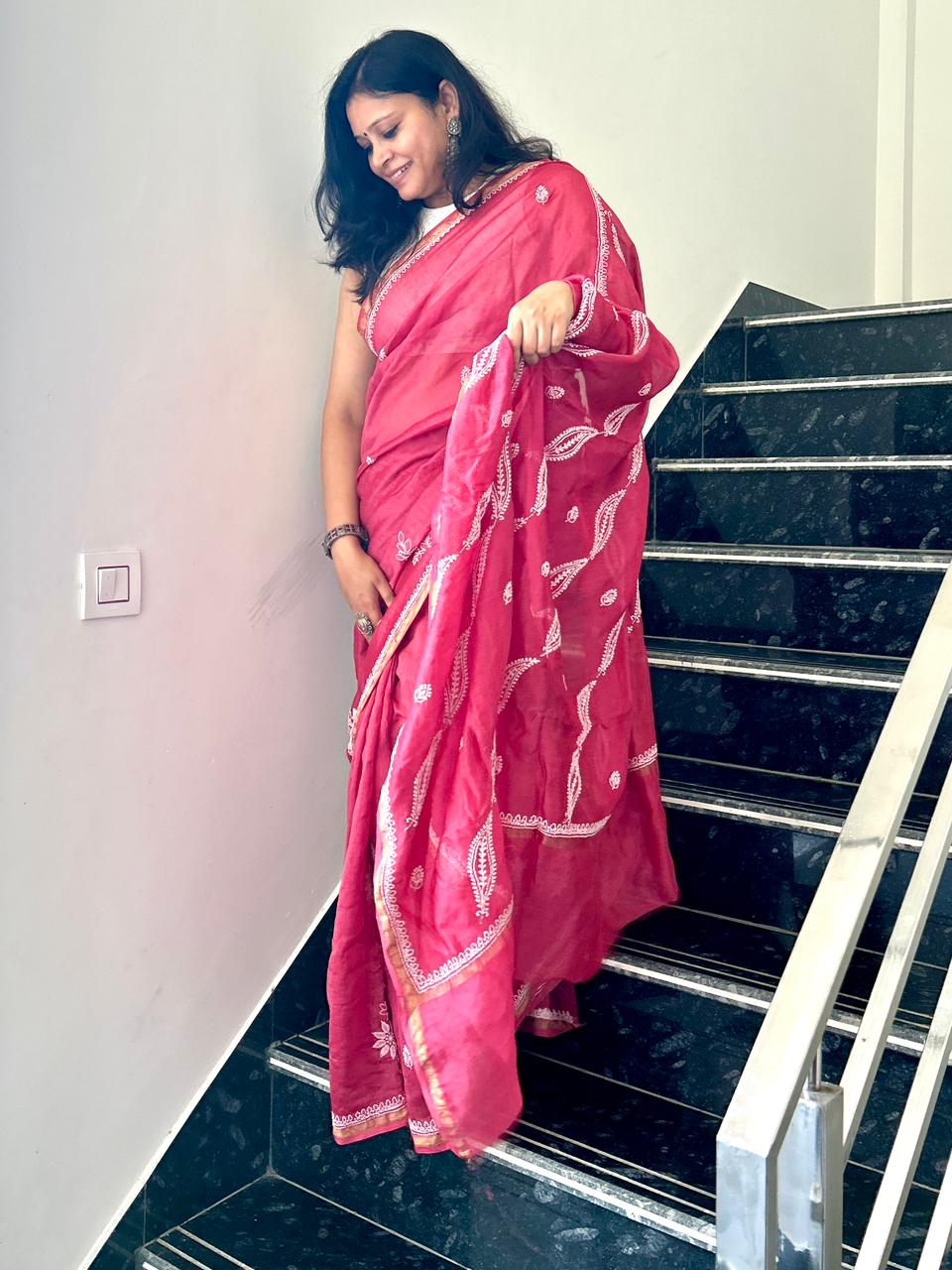 'Nazneen - Effortless Grace' Maroon Chanderi Chikankari Saree