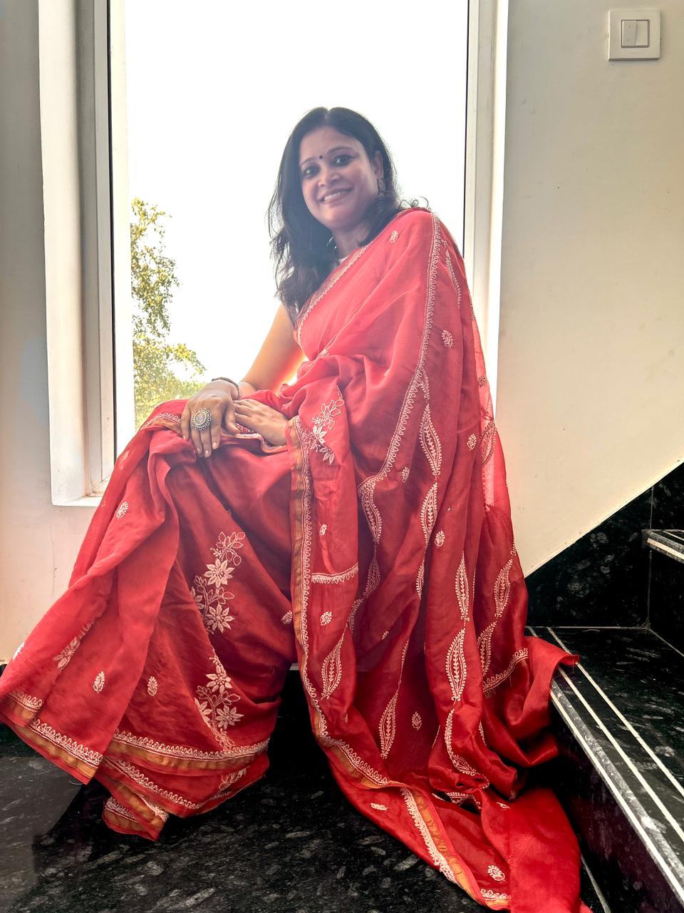 'Nazneen - Effortless Grace' Maroon Chanderi Chikankari Saree
