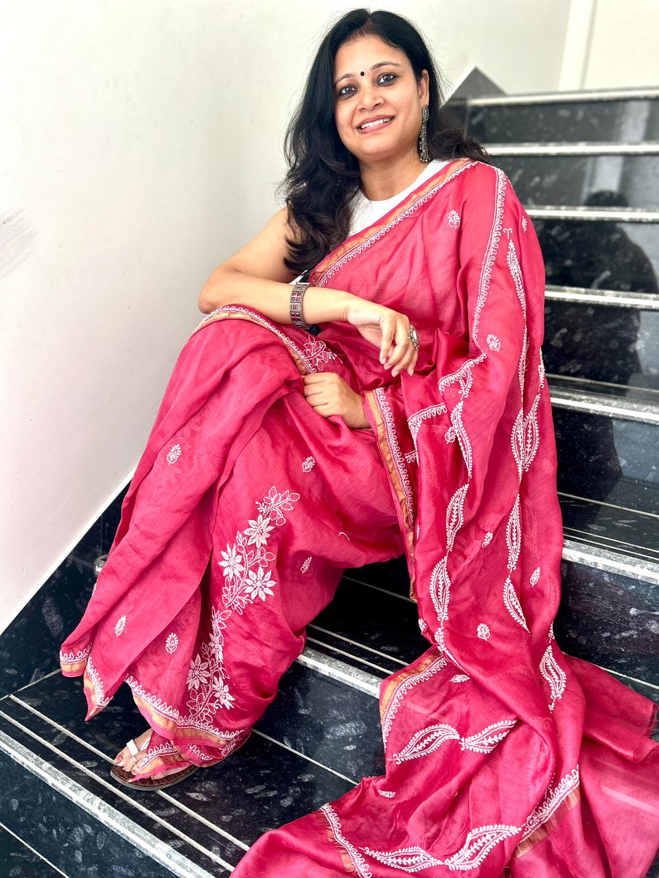 'Nazneen - Effortless Grace' Maroon Chanderi Chikankari Saree