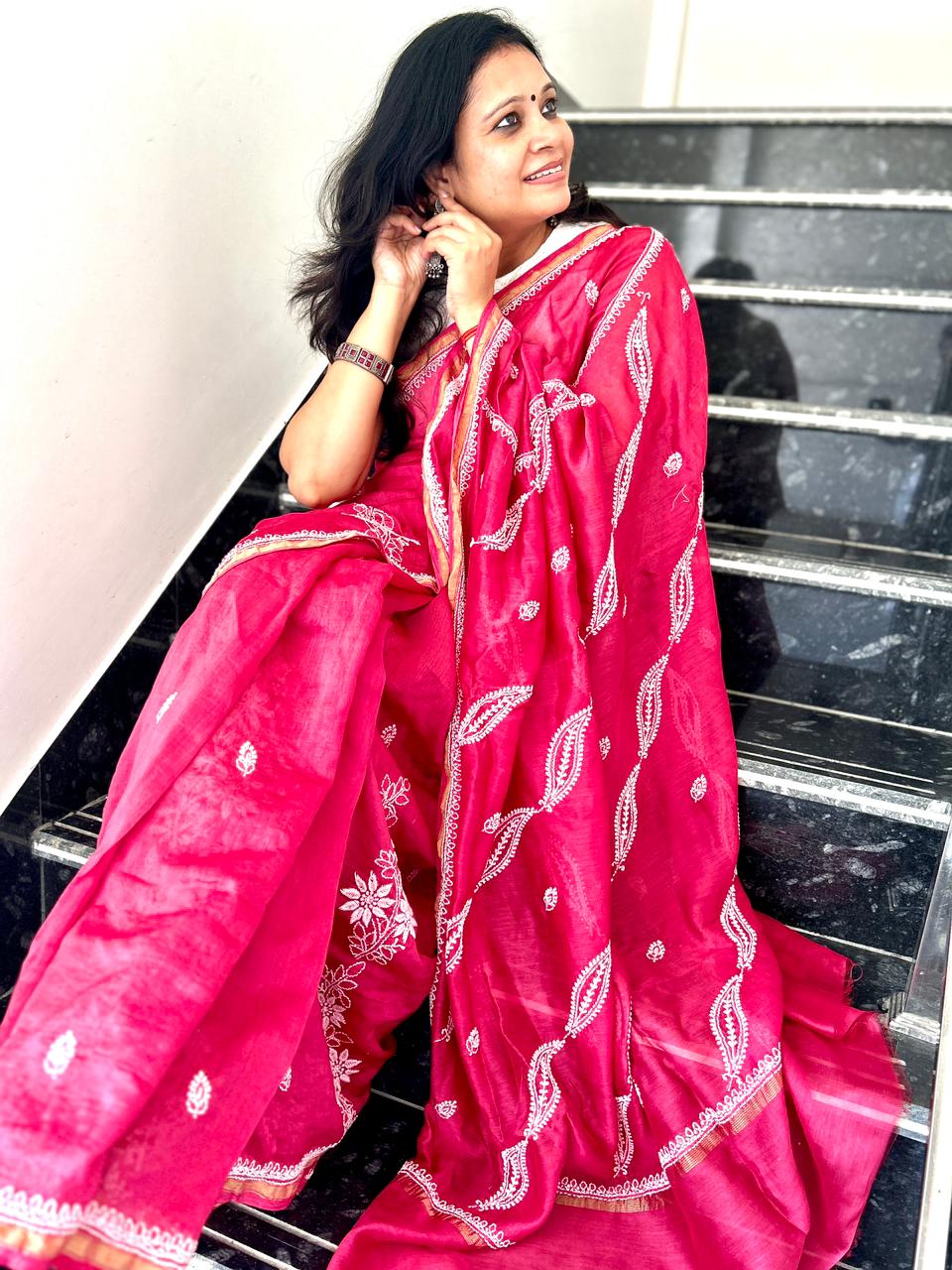 'Nazneen - Effortless Grace' Maroon Chanderi Chikankari Saree