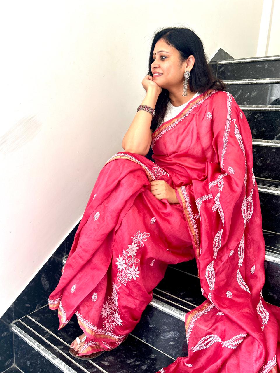'Nazneen - Effortless Grace' Maroon Chanderi Chikankari Saree