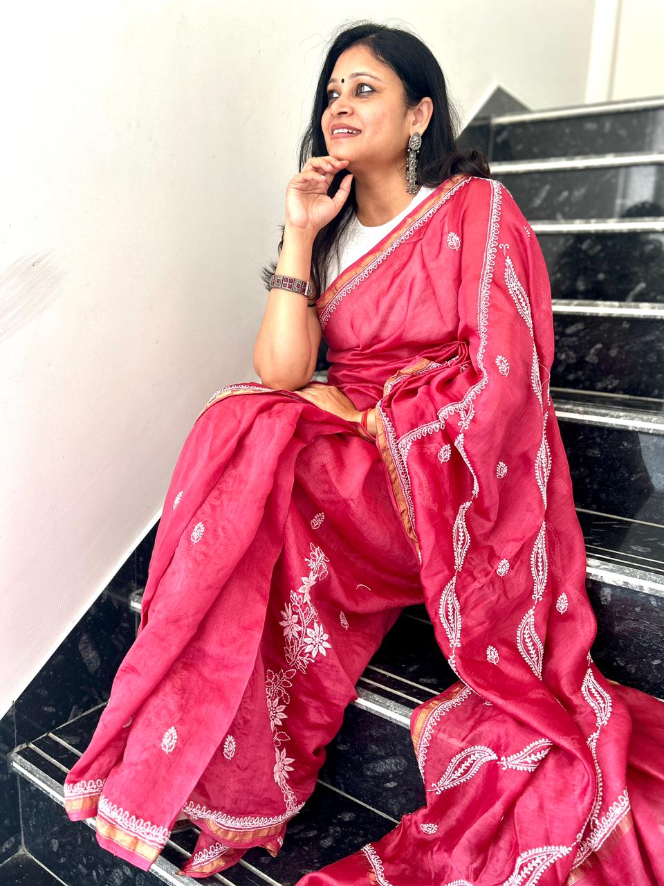 'Nazneen - Effortless Grace' Maroon Chanderi Chikankari Saree