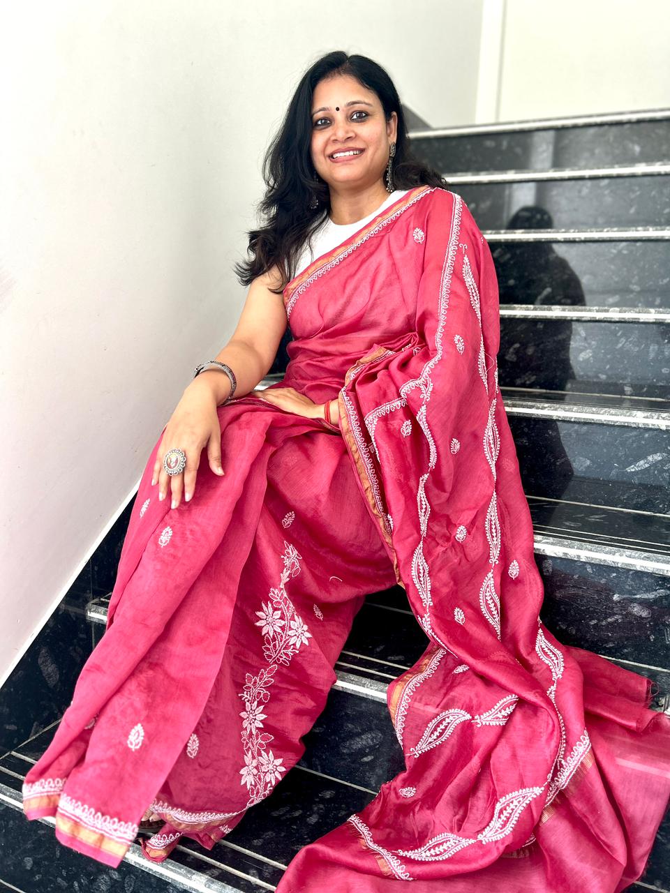 'Nazneen - Effortless Grace' Maroon Chanderi Chikankari Saree