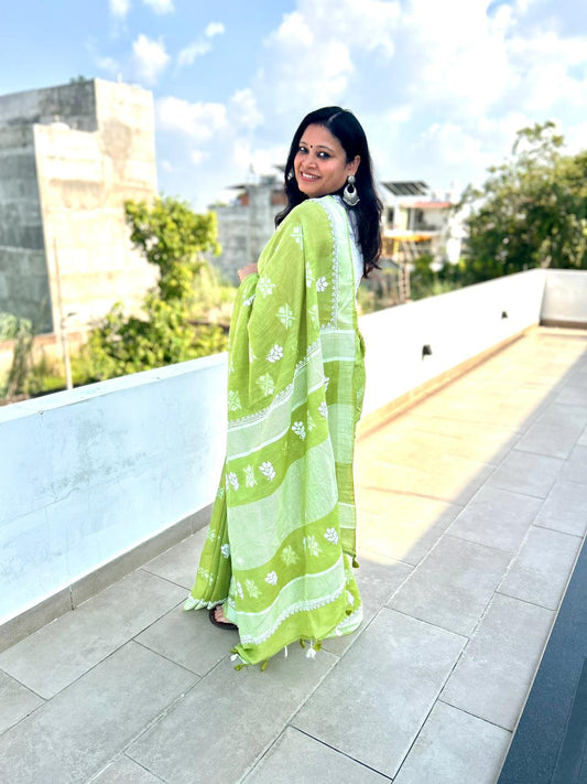 'Lime Breeze' Green Handloom Cotton Chikankari Saree