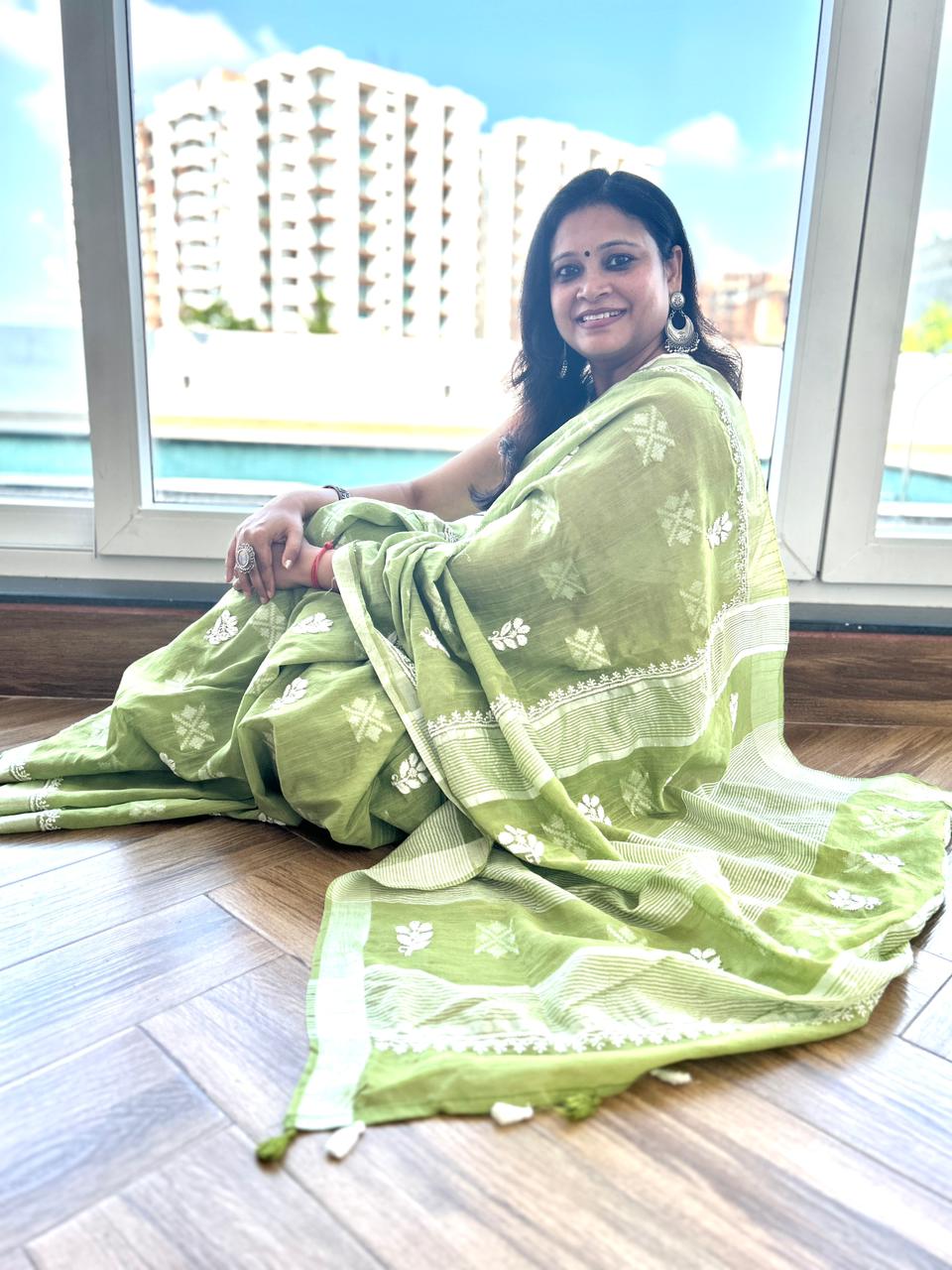 'Lime Breeze' Green Handloom Cotton Chikankari Saree
