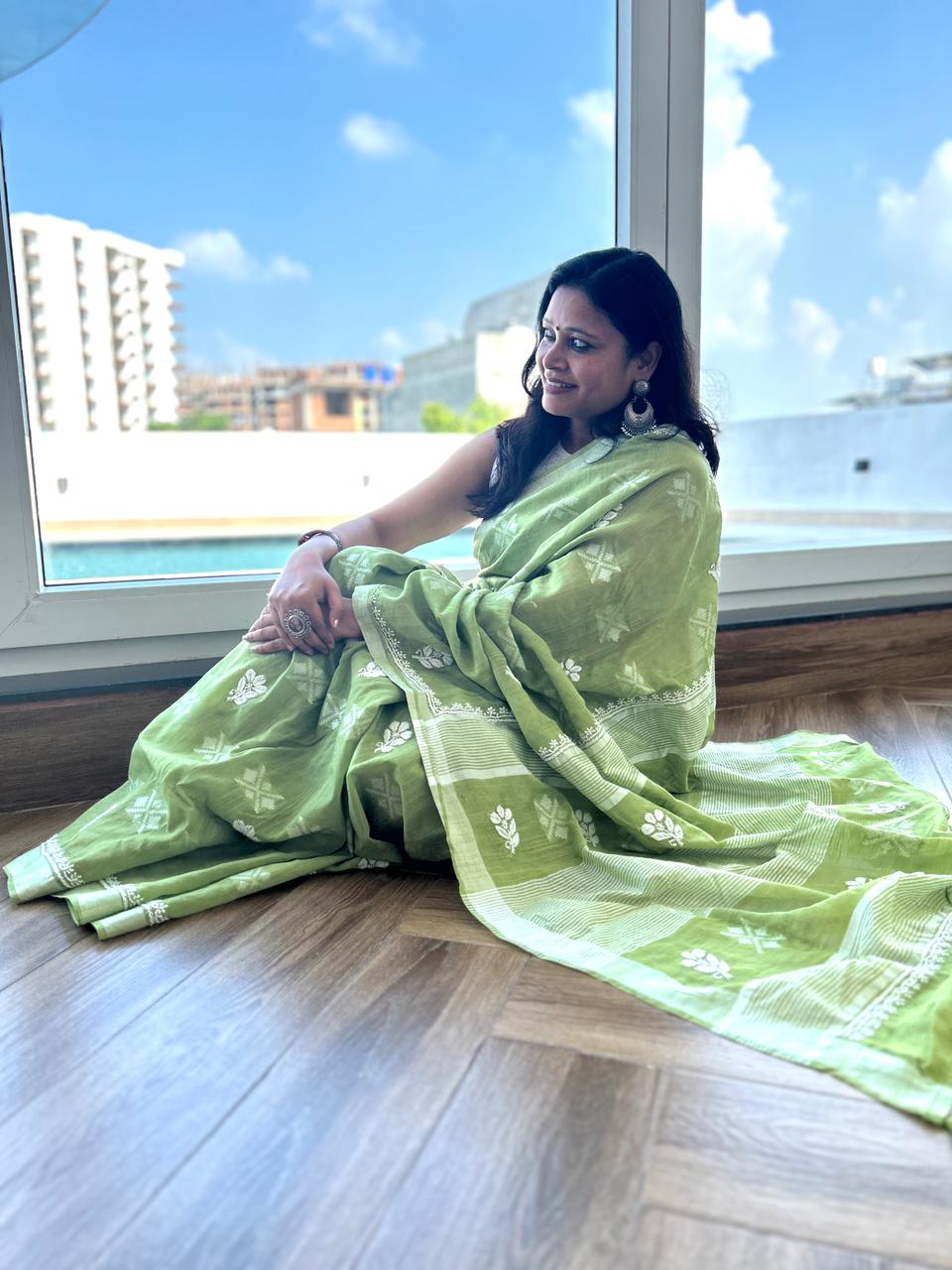'Lime Breeze' Green Handloom Cotton Chikankari Saree