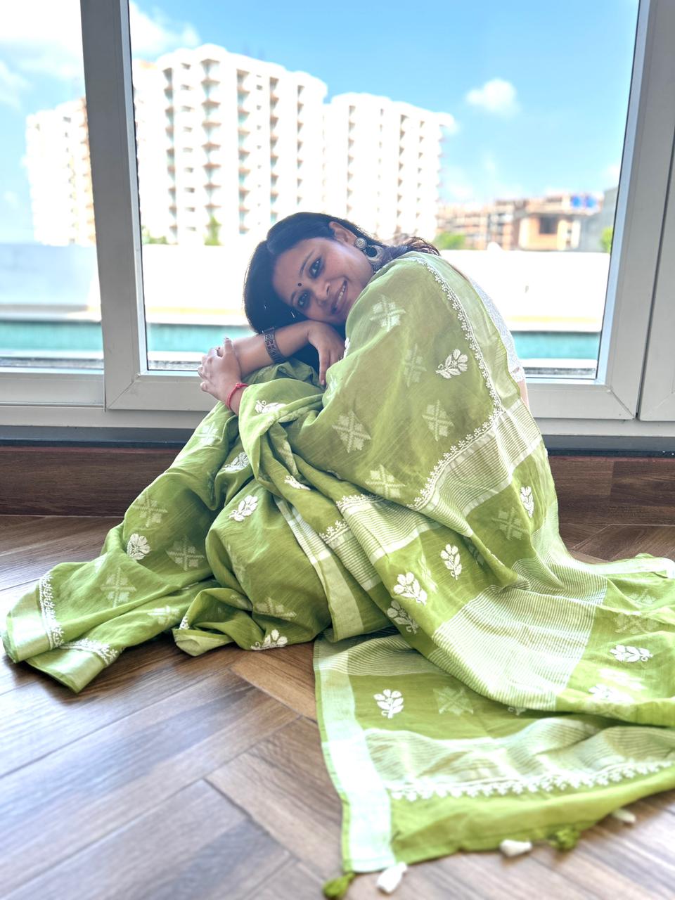 'Lime Breeze' Green Handloom Cotton Chikankari Saree