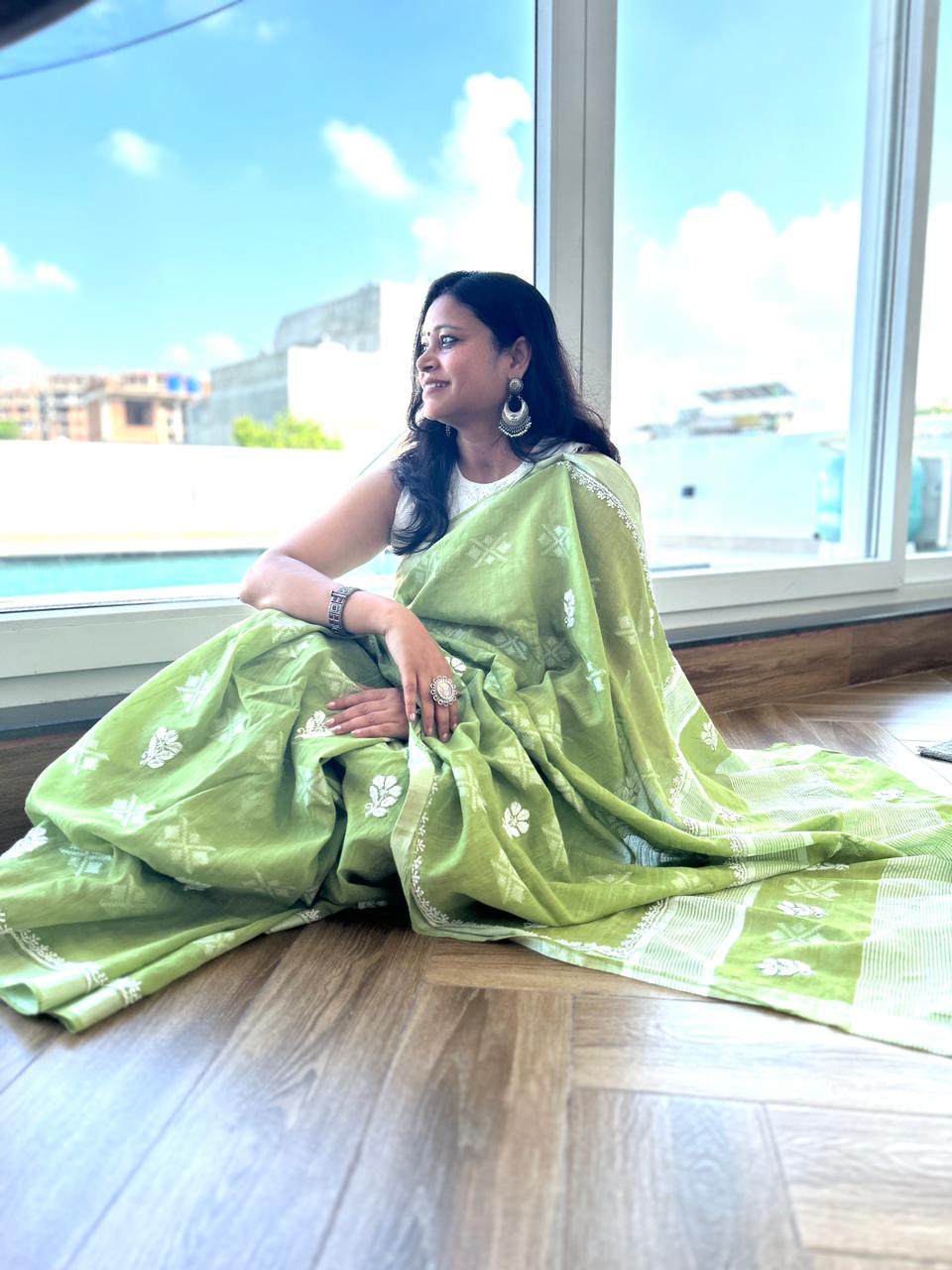'Lime Breeze' Green Handloom Cotton Chikankari Saree