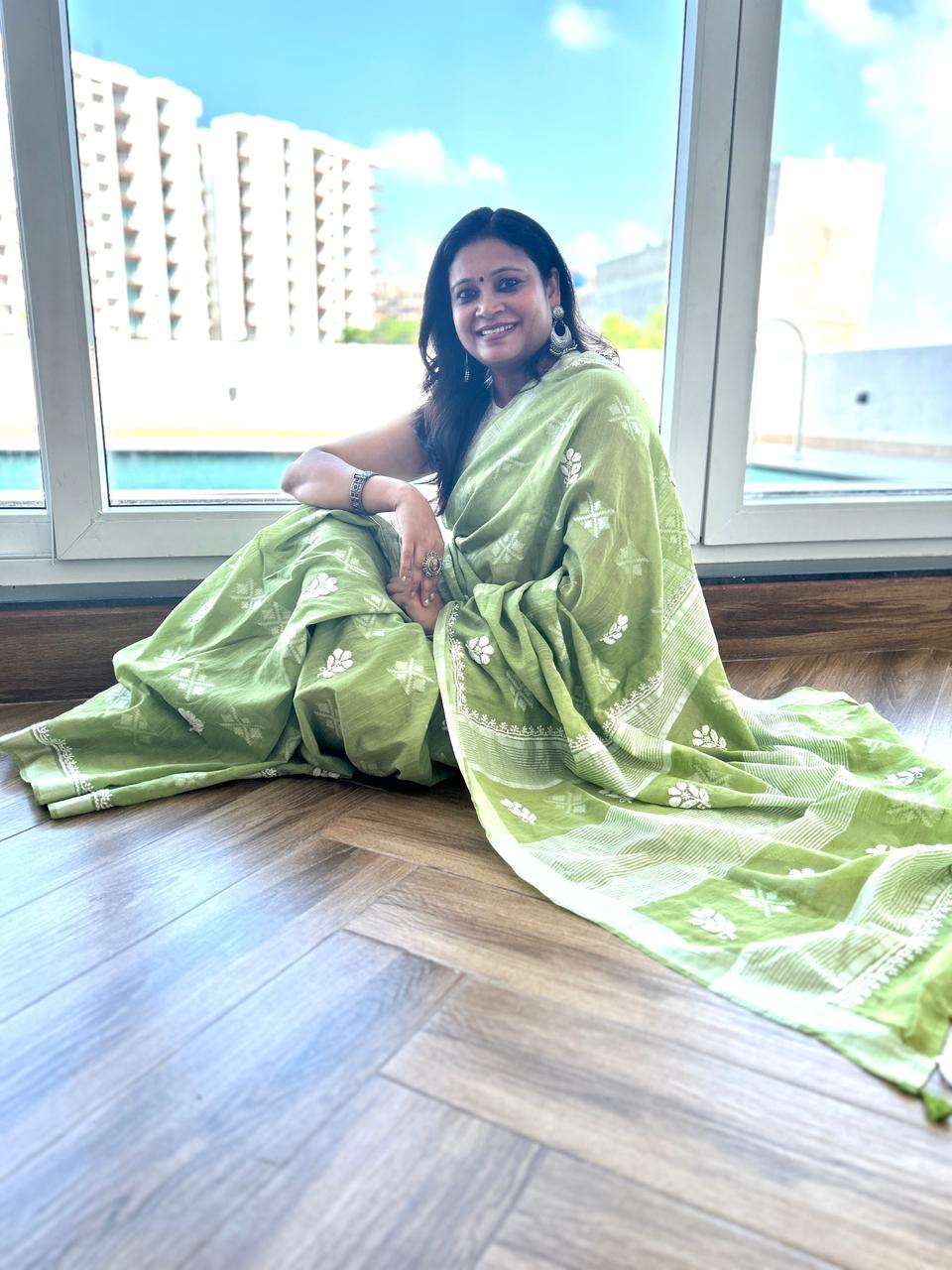 'Lime Breeze' Green Handloom Cotton Chikankari Saree