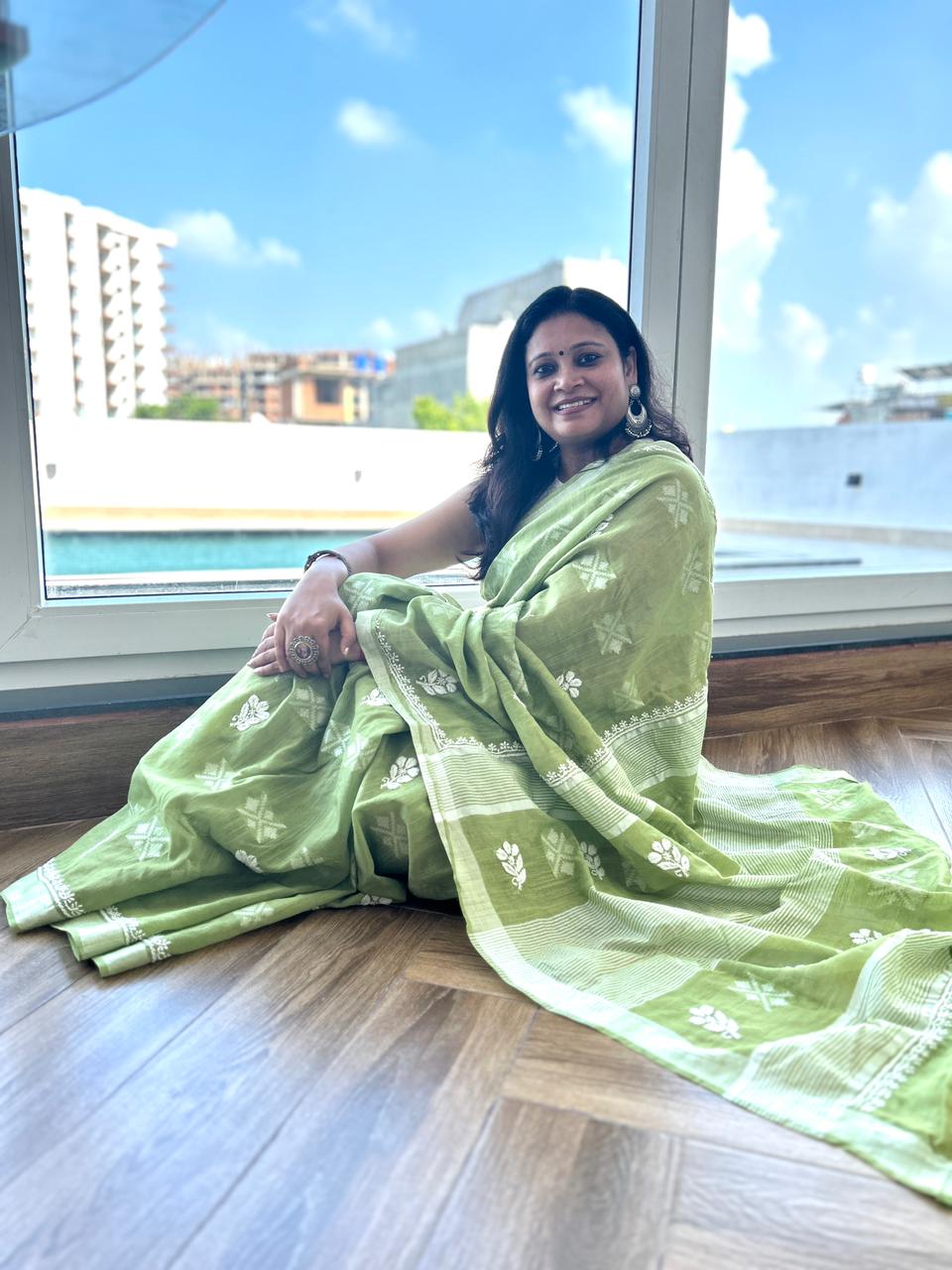 'Lime Breeze' Green Handloom Cotton Chikankari Saree