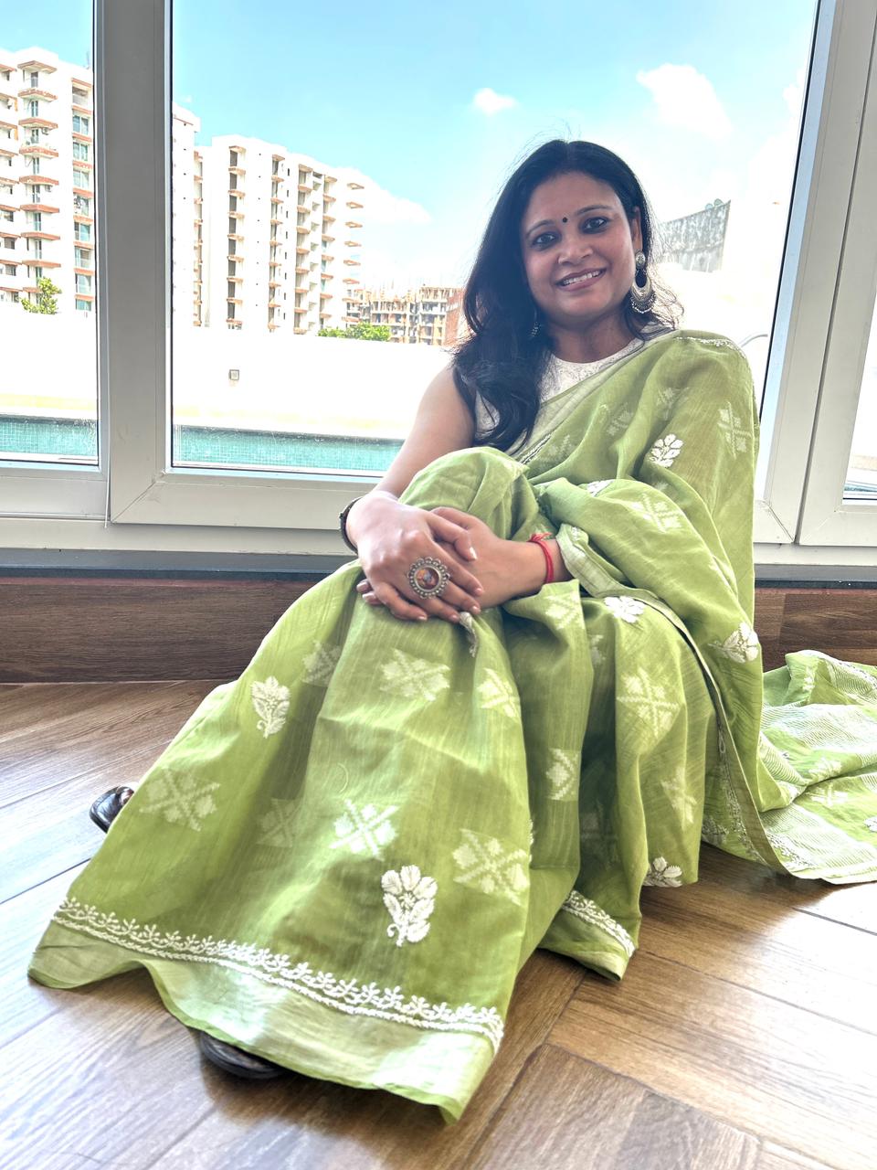 'Lime Breeze' Green Handloom Cotton Chikankari Saree