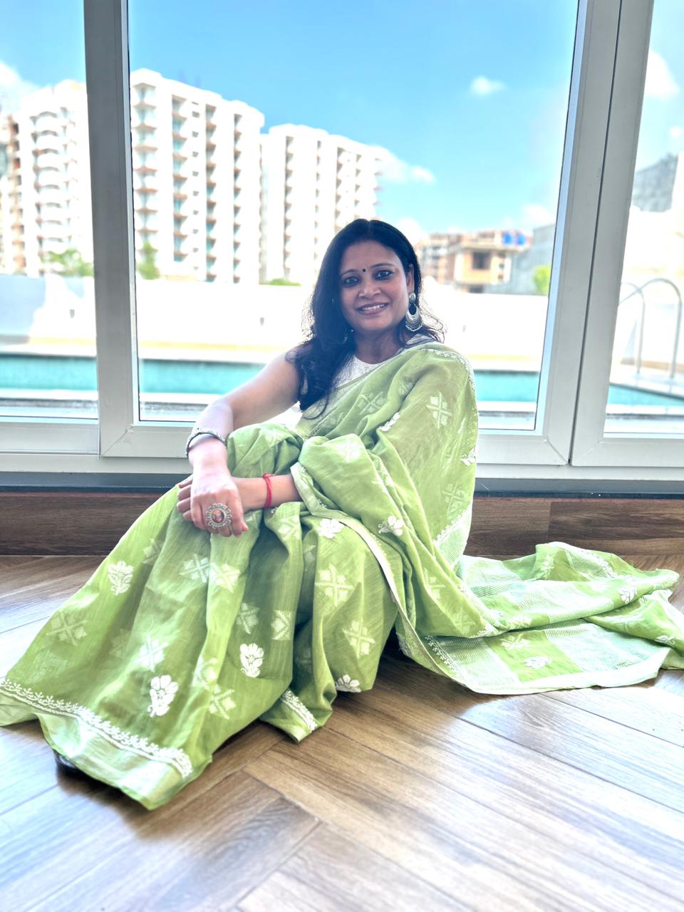 'Lime Breeze' Green Handloom Cotton Chikankari Saree