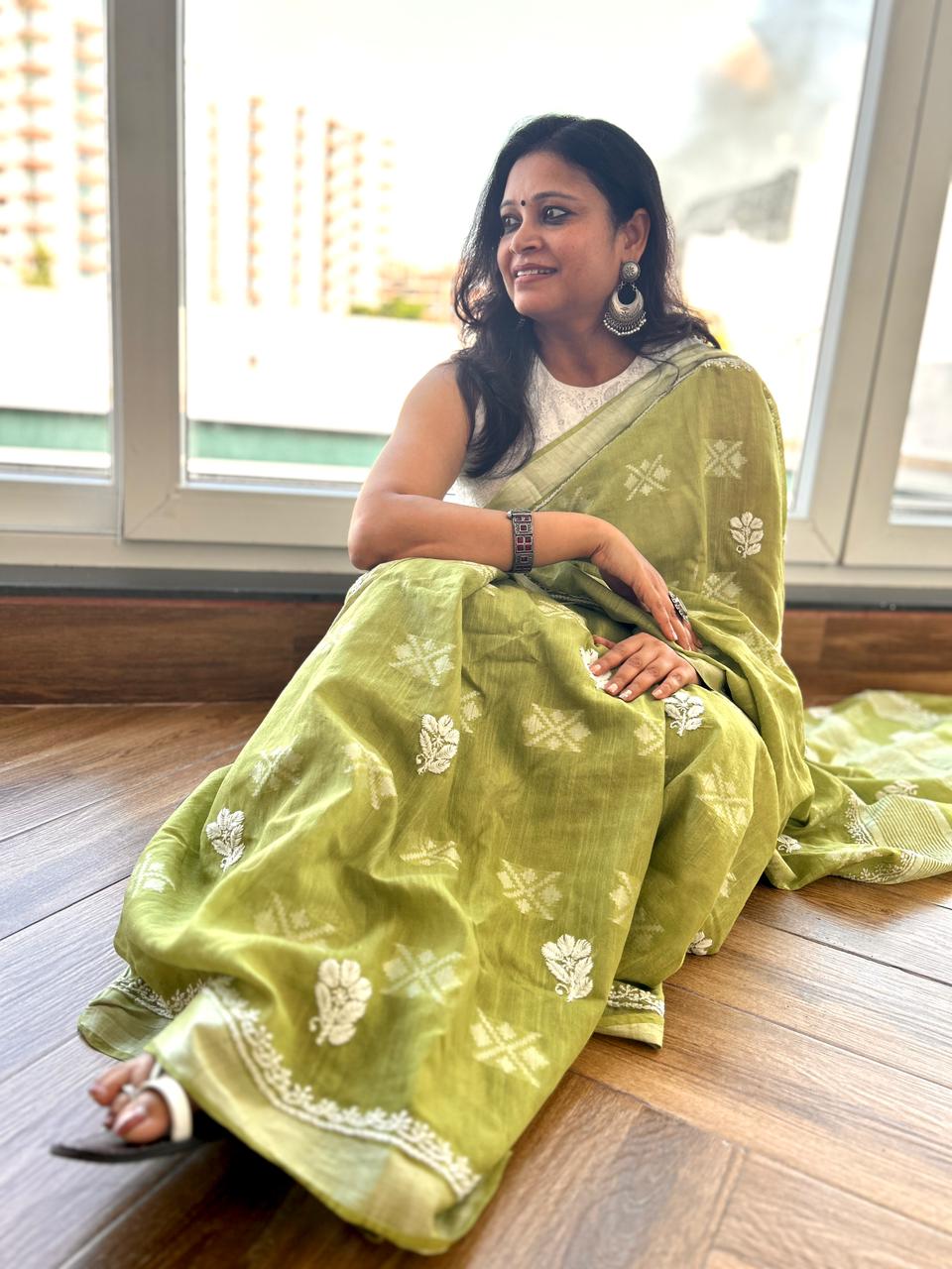 'Lime Breeze' Green Handloom Cotton Chikankari Saree