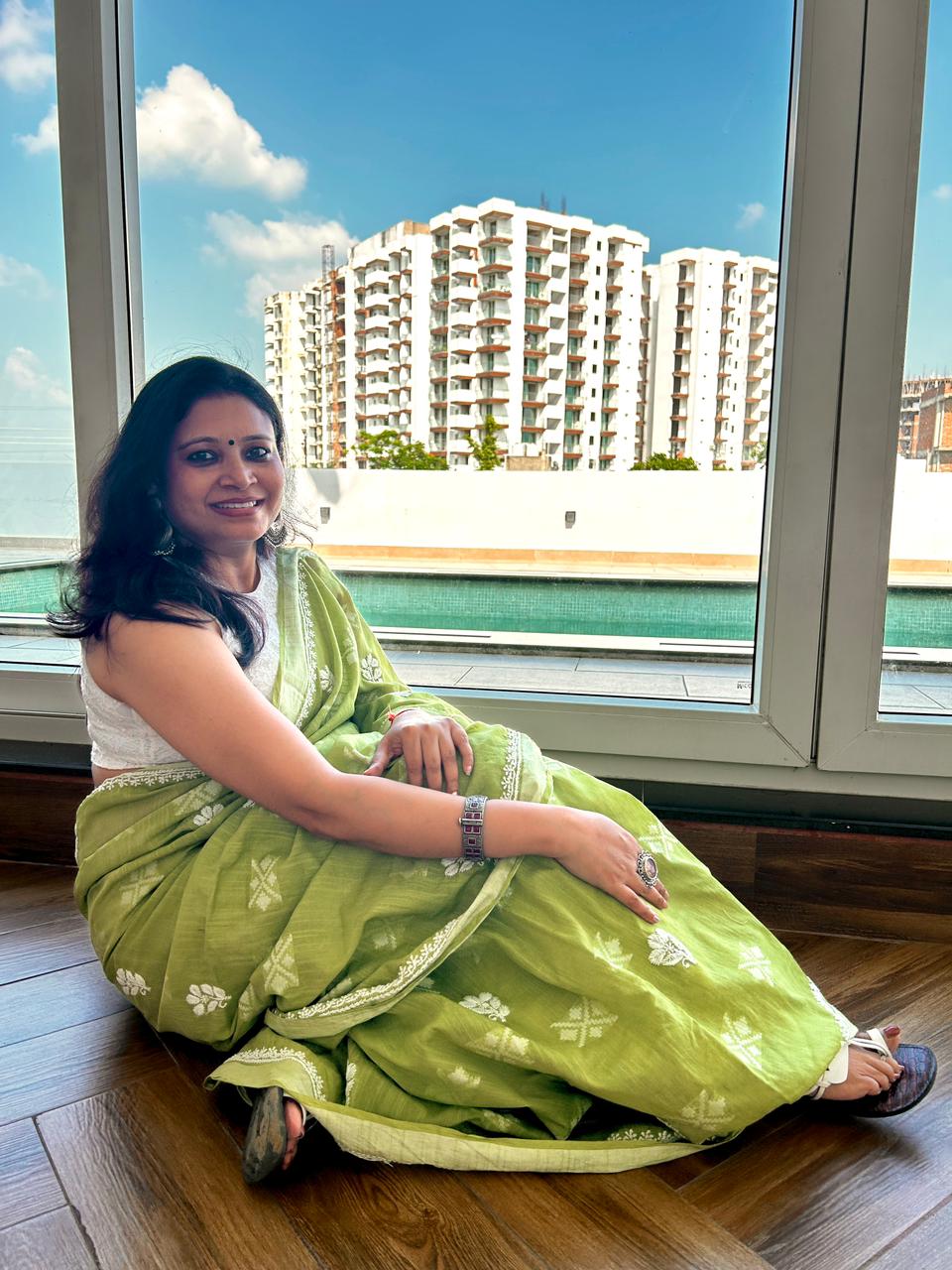 'Lime Breeze' Green Handloom Cotton Chikankari Saree