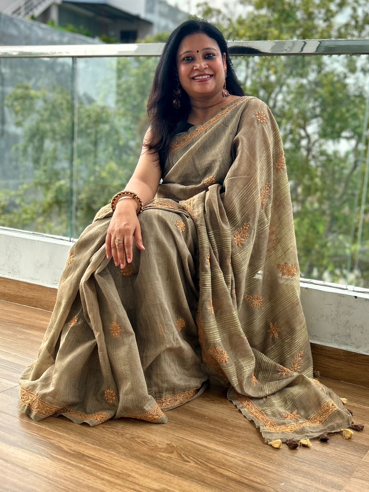 'Earthy Hues' Brown Jute Cotton Chikankari Saree