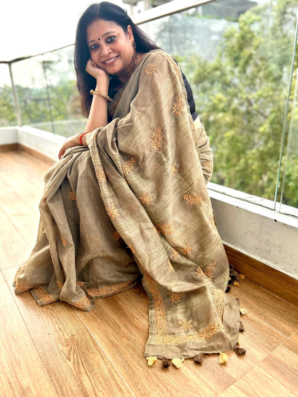 'Earthy Hues' Brown Jute Cotton Chikankari Saree
