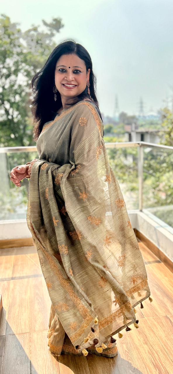 'Earthy Hues' Brown Jute Cotton Chikankari Saree