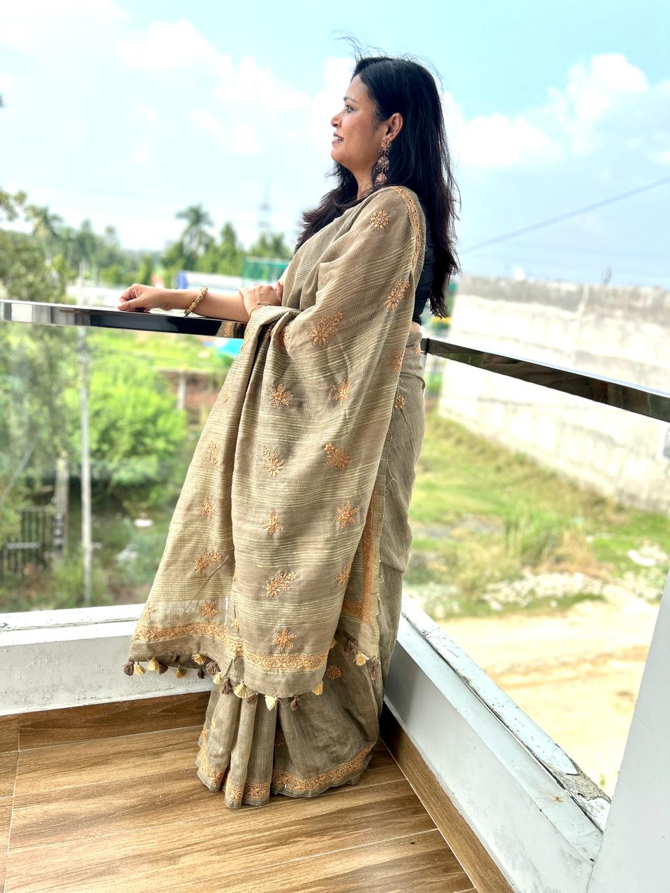'Earthy Hues' Brown Jute Cotton Chikankari Saree
