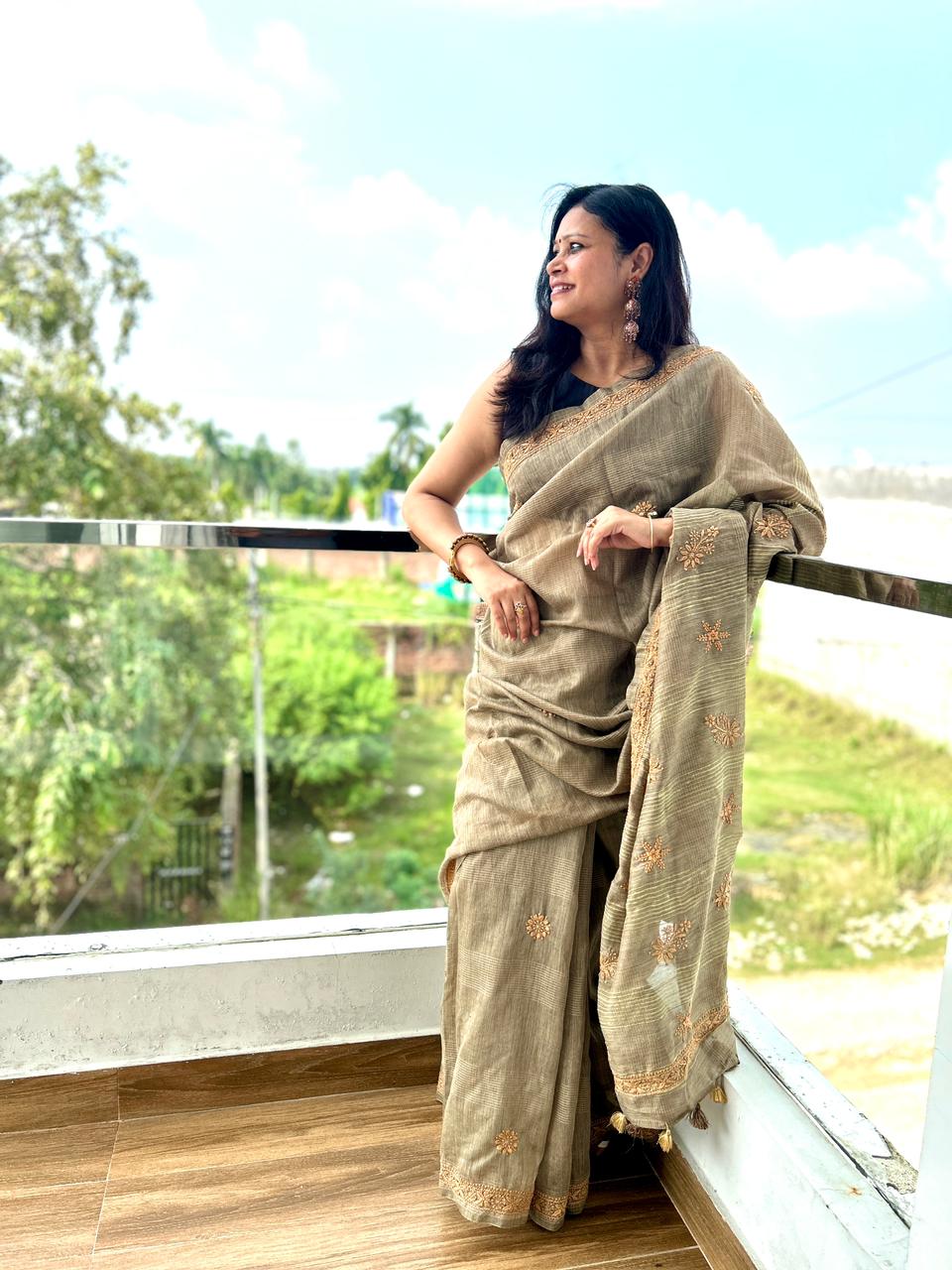 'Earthy Hues' Brown Jute Cotton Chikankari Saree