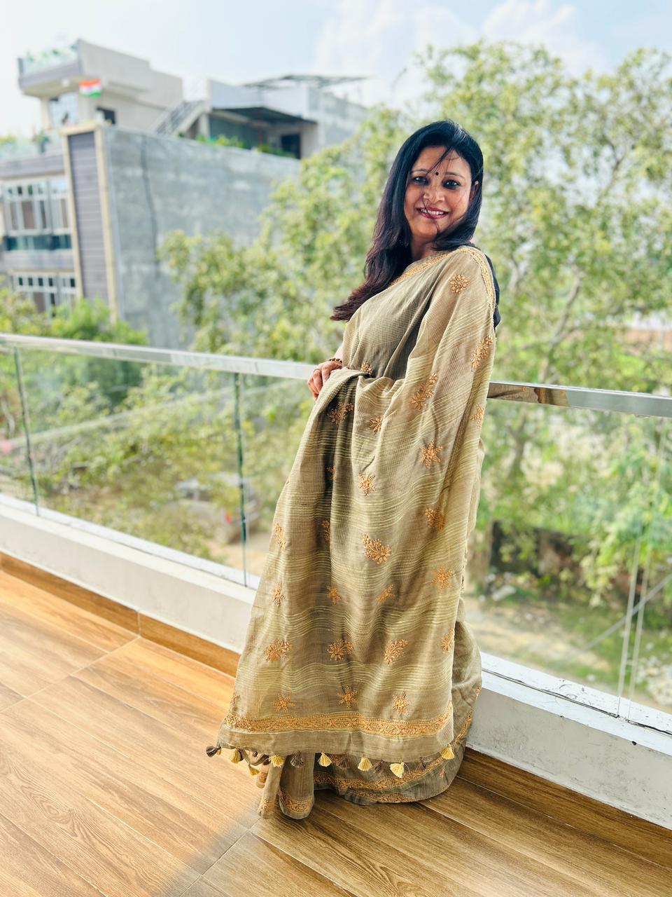 'Earthy Hues' Brown Jute Cotton Chikankari Saree