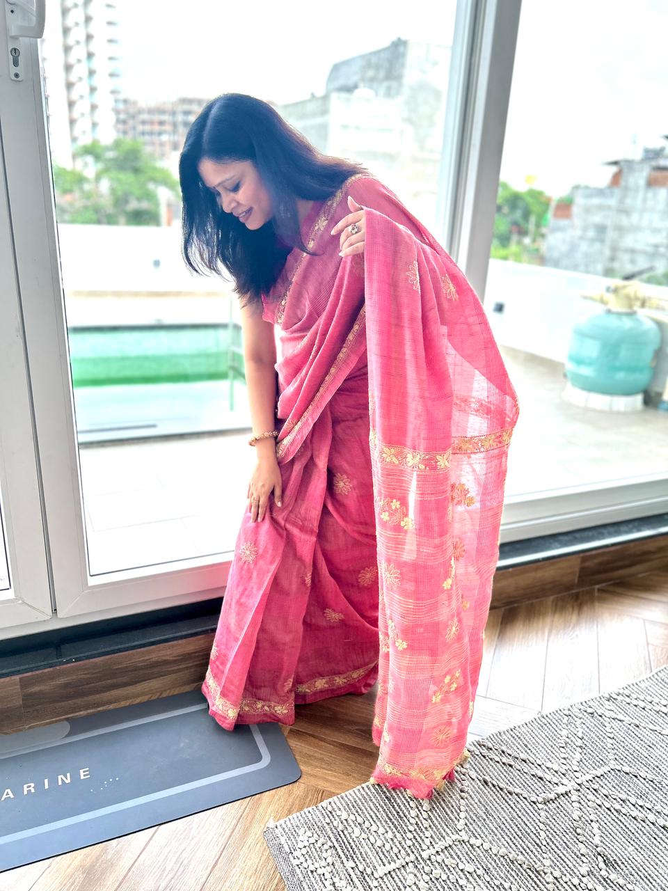 'Earth's Heart' Rustic Magenta Jute Cotton Chikankari Saree