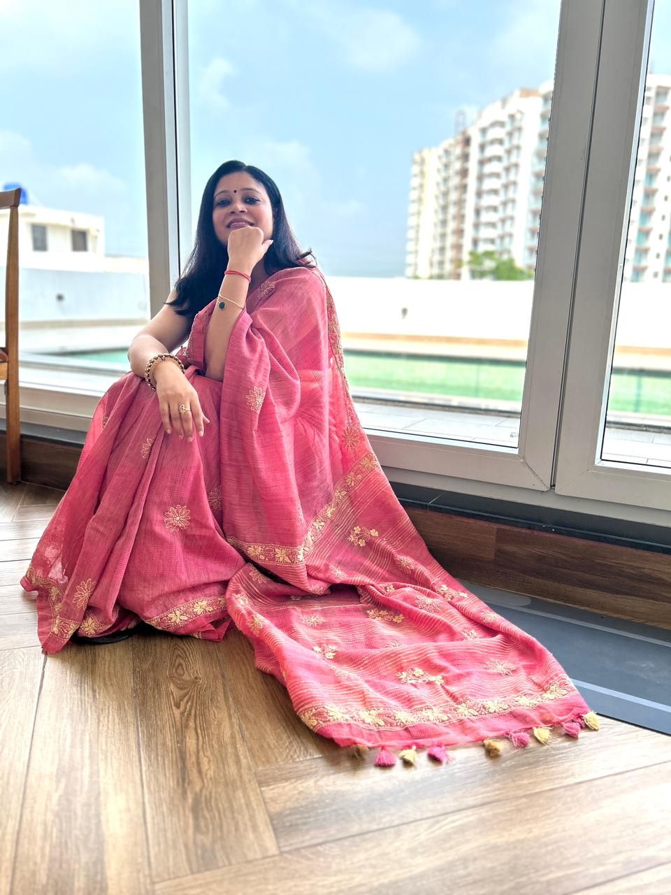 'Earth's Heart' Rustic Magenta Jute Cotton Chikankari Saree