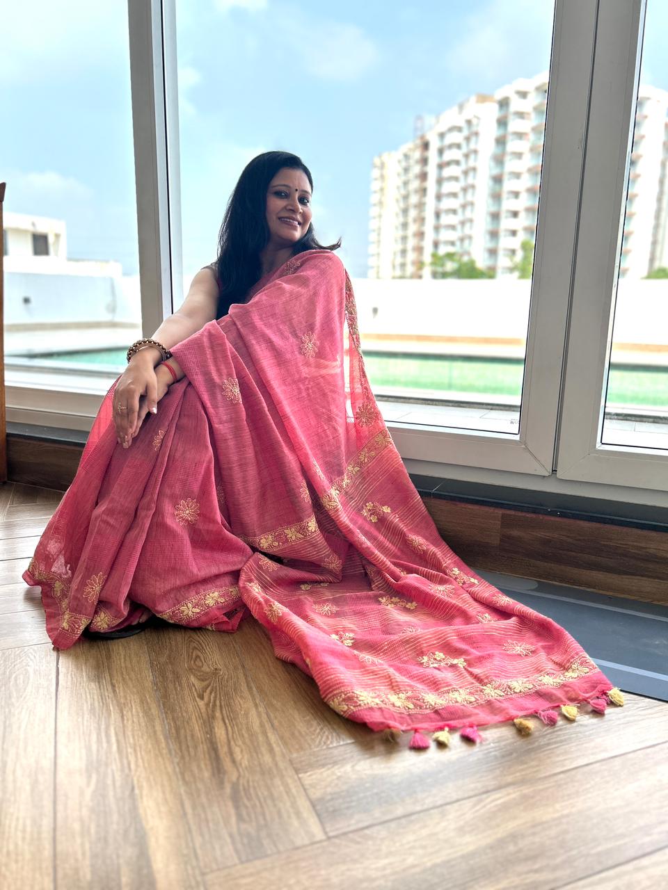 'Earth's Heart' Rustic Magenta Jute Cotton Chikankari Saree