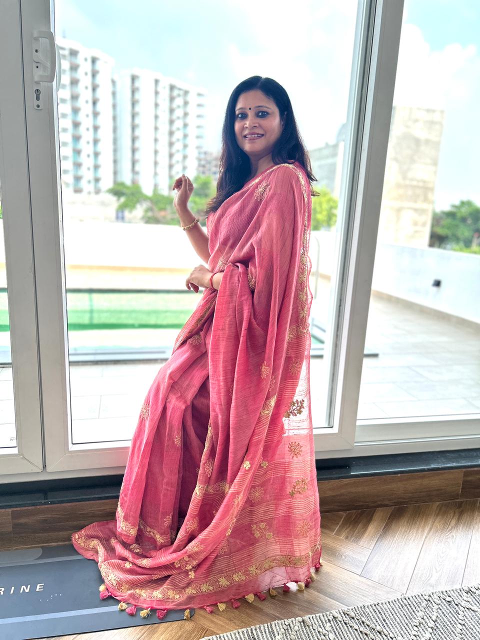 'Earth's Heart' Rustic Magenta Jute Cotton Chikankari Saree