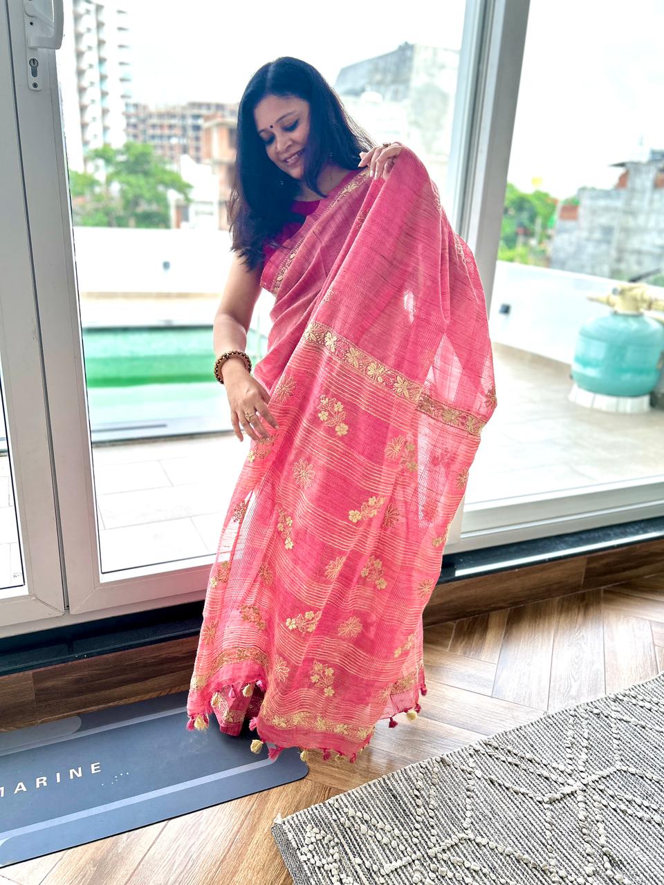 'Earth's Heart' Rustic Magenta Jute Cotton Chikankari Saree