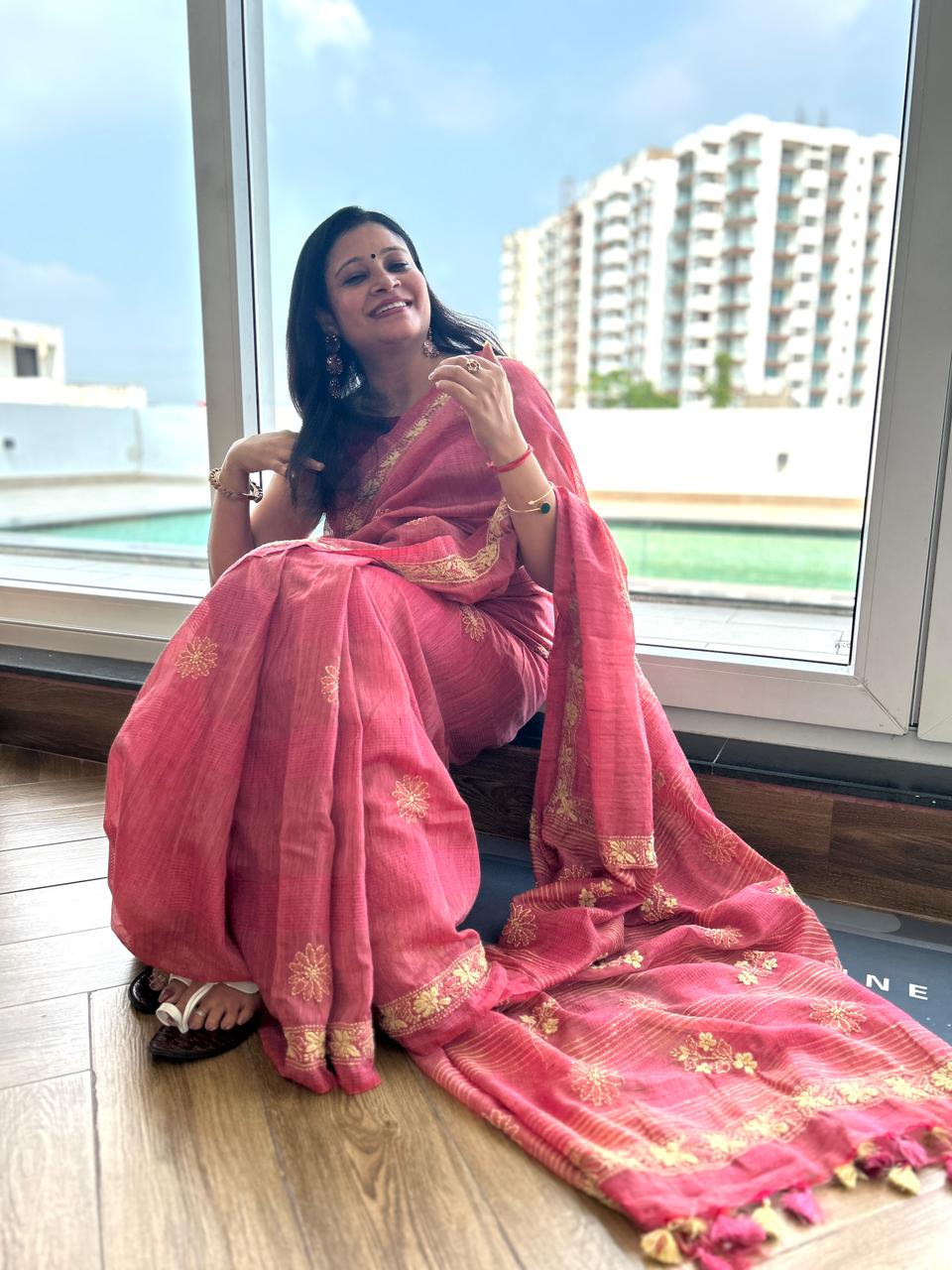 'Earth's Heart' Rustic Magenta Jute Cotton Chikankari Saree