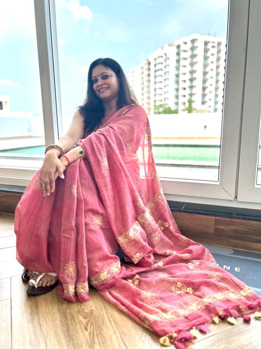 'Earth's Heart' Rustic Magenta Jute Cotton Chikankari Saree