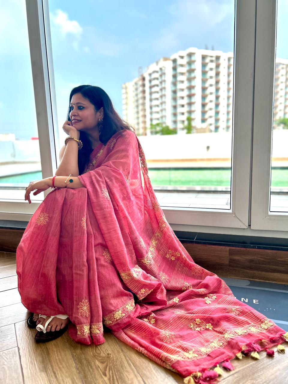 'Earth's Heart' Rustic Magenta Jute Cotton Chikankari Saree