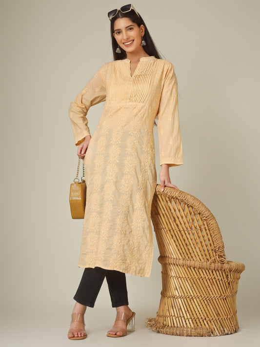 'Classy Beige' Pleated Band Neck Mul Cotton Chikankari Long Kurti