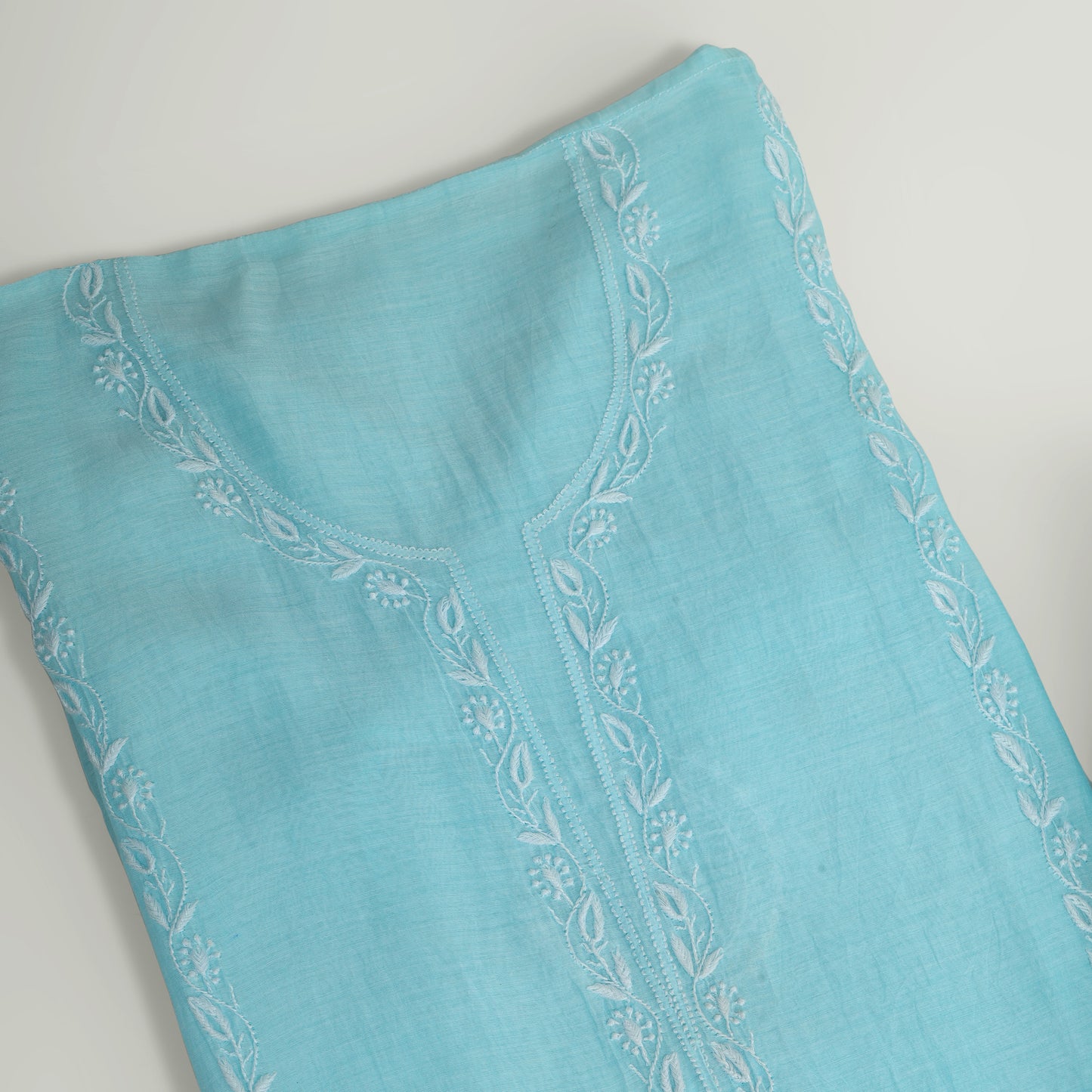 'Sky Veil' Blue Mul Chanderi Chikankari Unstitched Set