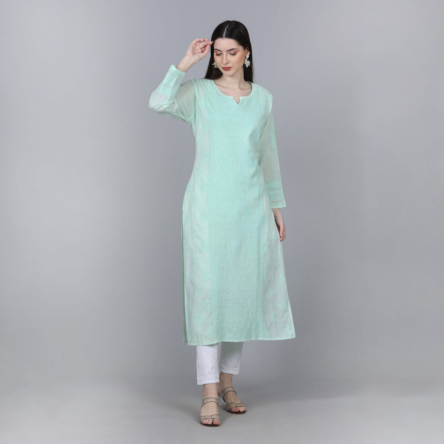 Summer Perfect Pastel Green Chikankari Mul Cotton Kurti