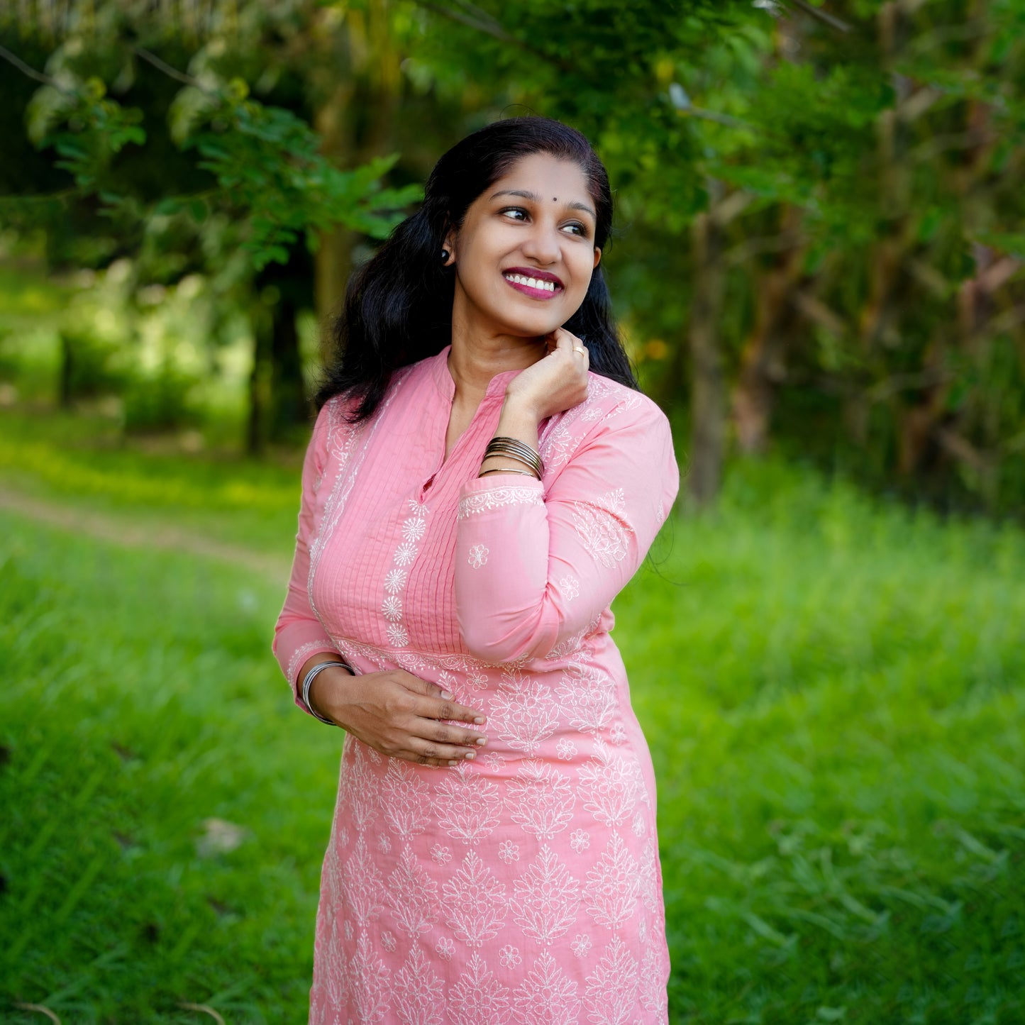'Coral Rose' Orange Collared Mul Cotton Chikankari Kurti