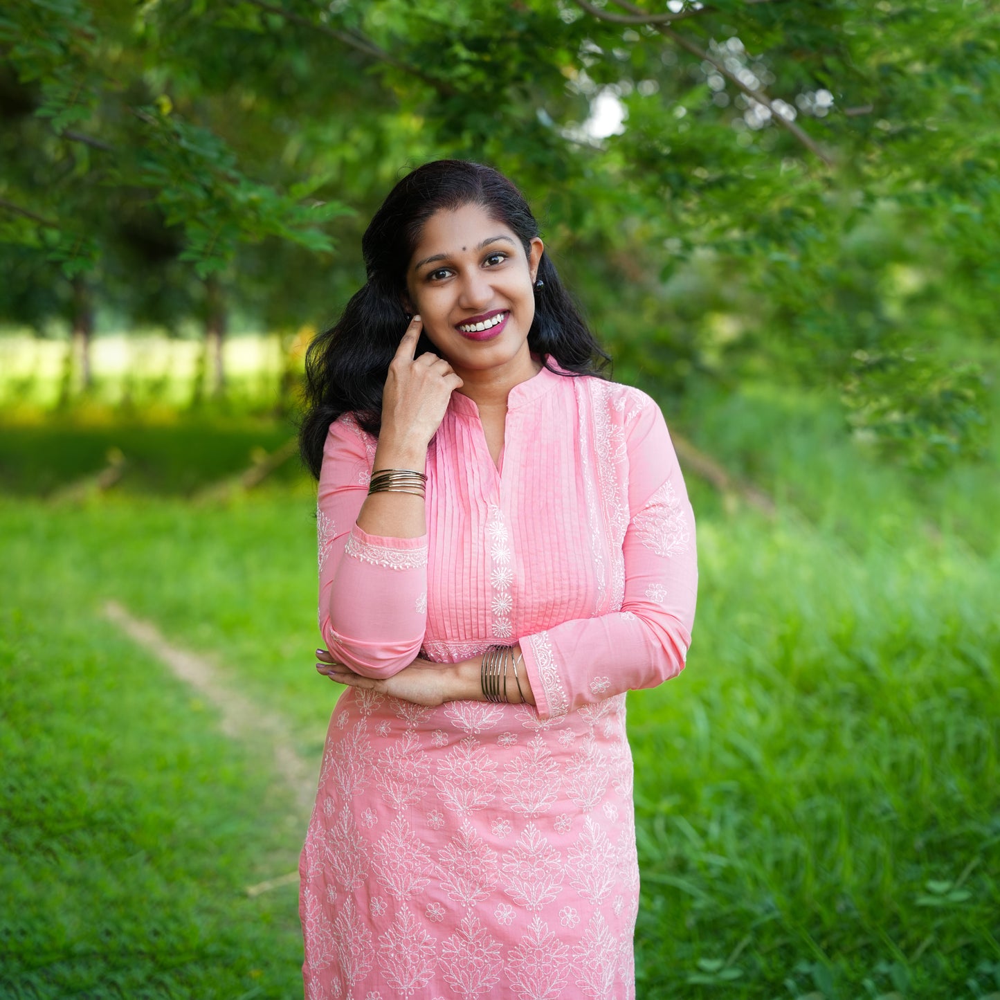 'Coral Rose' Orange Collared Mul Cotton Chikankari Kurti