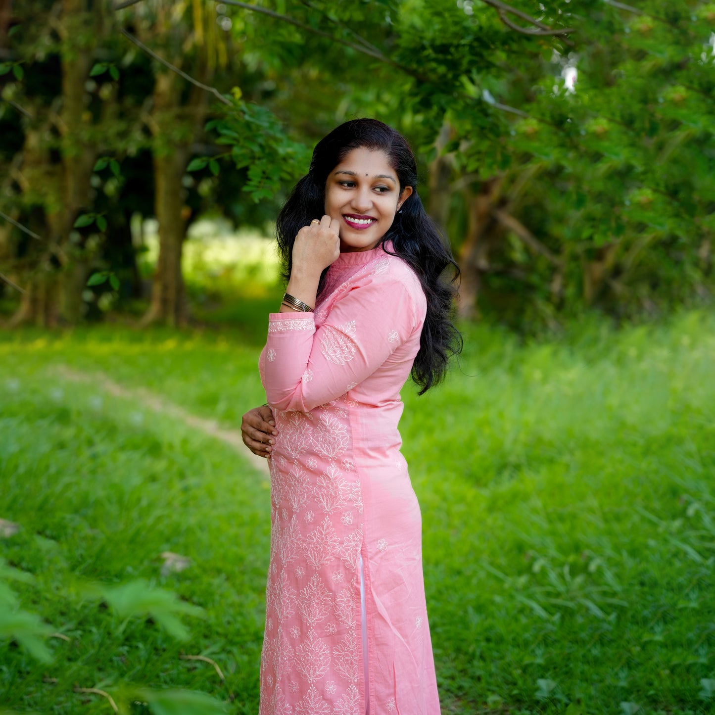 'Coral Rose' Orange Collared Mul Cotton Chikankari Kurti