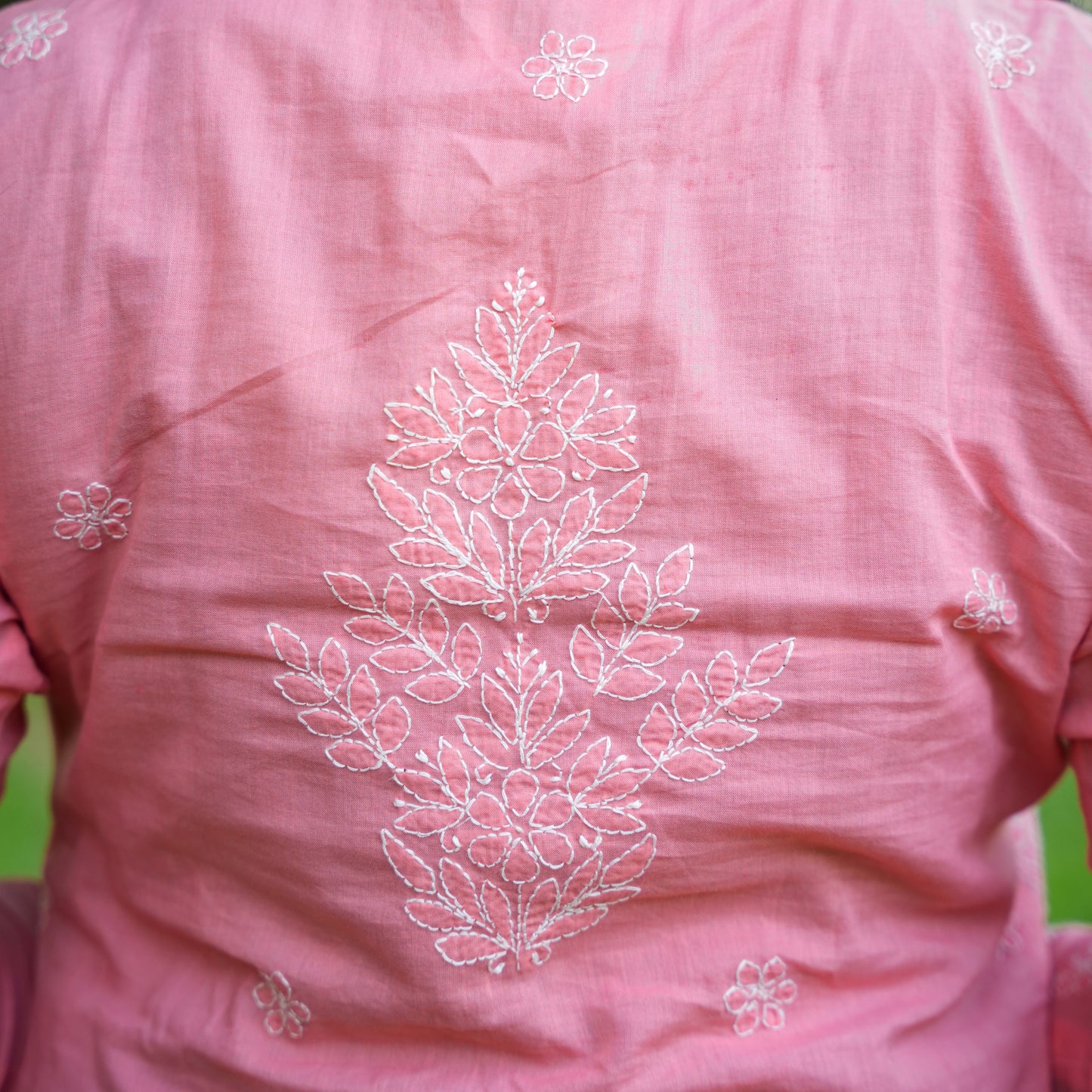 'Coral Rose' Orange Collared Mul Cotton Chikankari Kurti