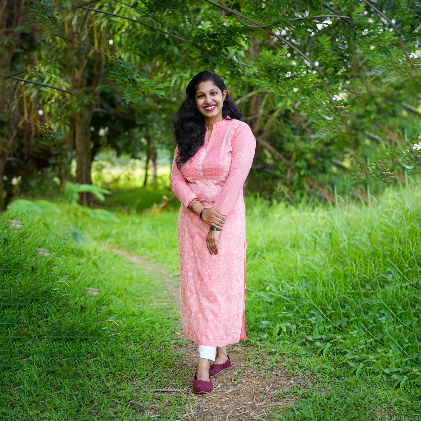 'Coral Rose' Orange Collared Mul Cotton Chikankari Kurti