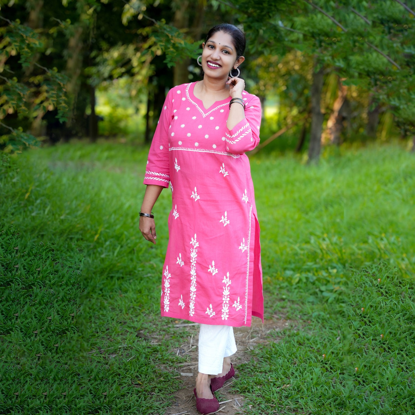 'Gulabi Glow' Pink Mul Cotton Chikankari Kurti