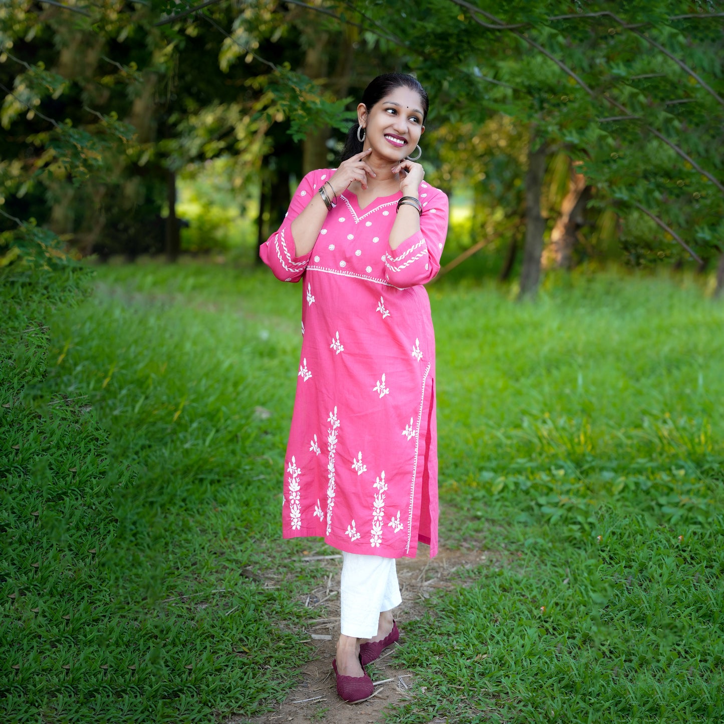 'Gulabi Glow' Pink Mul Cotton Chikankari Kurti