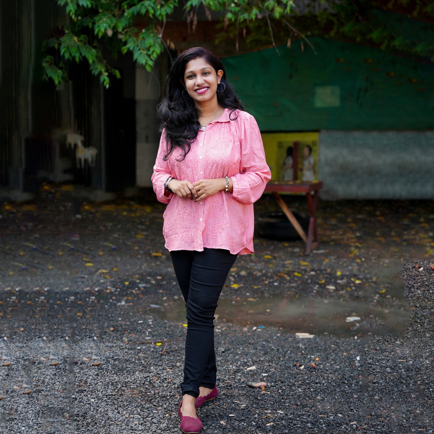 'Vintage Rose' Pink Muslin Chikankari Short Collared Shirt