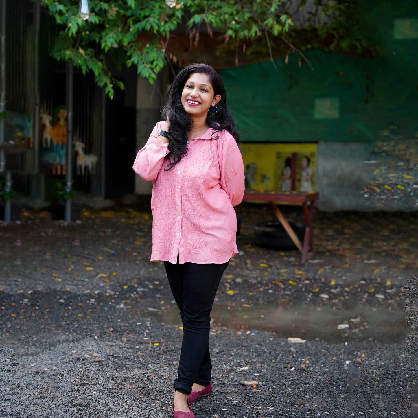 'Vintage Rose' Pink Muslin Chikankari Short Collared Shirt