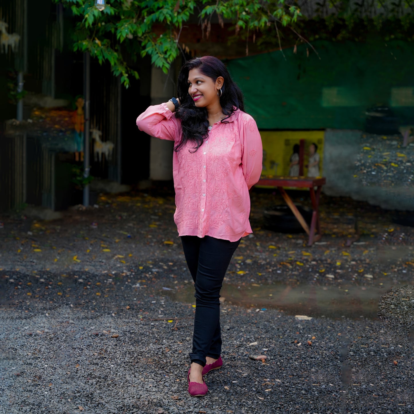 'Vintage Rose' Pink Muslin Chikankari Short Collared Shirt