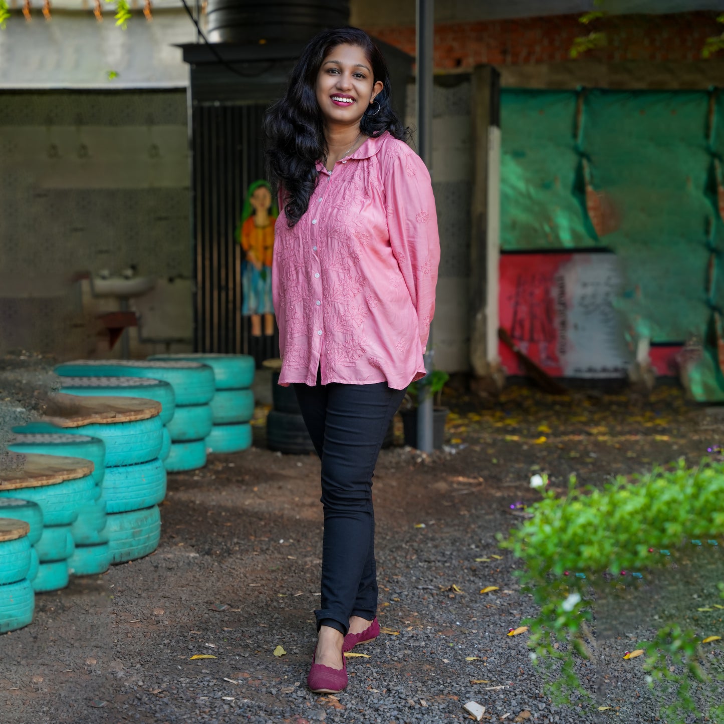 'Vintage Rose' Pink Muslin Chikankari Short Collared Shirt